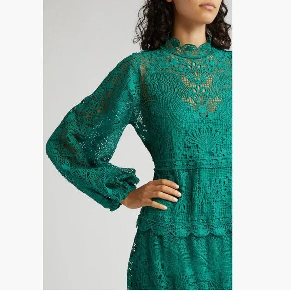 FARM RIO Guipure Lace Long Sleeve Maxi Dress, Dark Green, Size XS, NWT